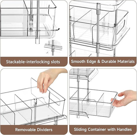 2Set 3 Tier Clear Bathroom Organizer with Dividers, Pull-Out Pantry Organization and Storage, Multi-Purpose Under Sink Organizers and Storage, Vanity Skincare Cosmetic Closet Organizer Medicine Bins