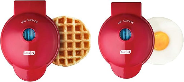 DASH Mini Maker Waffle Maker + Griddle, 2-Pack Griddle + Waffle Iron - Red