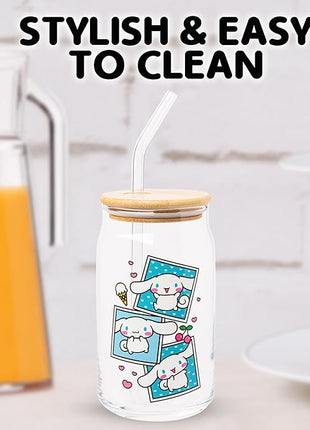 Silver Buffalo Sanrio Hello Kitty and Friends Cinnamoroll Polaroids Glass Jar Tumbler with Bamboo Lid and Glass Straw, 16 Ounces (Pack of 12)