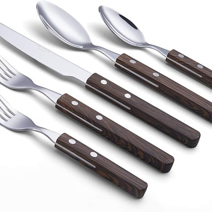 ANNOVA 20 Piece Silverware Set, Service for 4, Stainless Steel Retro/Rivet Walnut Wood Tableware Kitchen Flatware Set Utensils, Includes Dinner Knives, Forks, Spoons, Salad Forks & Dessert Spoons