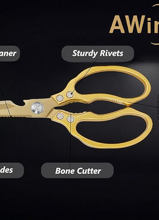 AWinjoy Japanese Gold Kitchen Scissors, Heavy Duty Stainless Steel, Multipurpose Cooking Shears, Dishwasher Safe