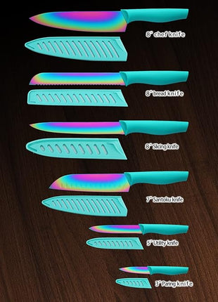 Marco Almond Kitchen Knife Set, KYA37 12-Piece Rainbow Titanium Stainless Steel Boxed Knives Set for Kitchen with Covers, 6 Knives with 6 Blade Guards