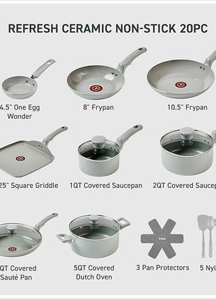 T-Fal Refresh Ceramic Pots and Pans Set, 20-Piece Nonstick Cookware Set, Stockpot, Griddle, Frying Pans, Utensils, Moon Grey