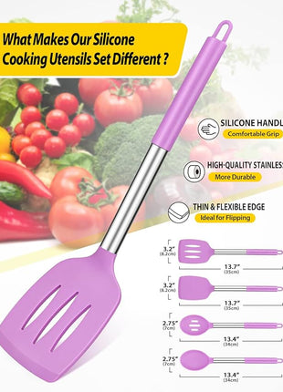 Pack of 4 Silicone Cooking Utensils Set, Non Stick Large Solid Spatulas, Heat Resistant Purple Slotted Spoons, Ideal BPA Free Kitchen Turners for Frying, Mixing,Serving,Draining,Turning,Stirring