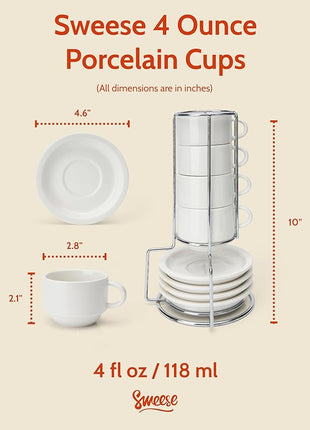 Sweese Porcelain Espresso Cups Set, 4 oz Stackable Cups with Saucers Metal Stand, Set of 4, White