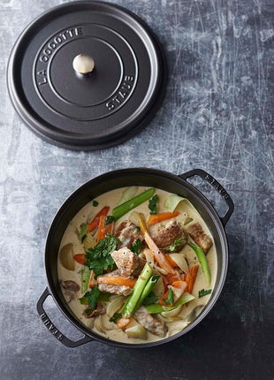 STAUB Cast Iron Dutch Oven 7-qt Round Cocotte, Serves 7- 8, Made in France, Black Matte