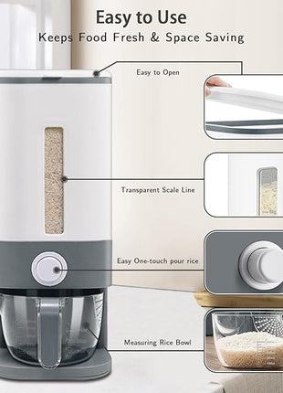 22-25 Lbs Rice Dispenser, Large Cereal Dry Food Storage Containers with Measuring Cup,BPA-Free Household for Kitchen Pantry Organization-Grey