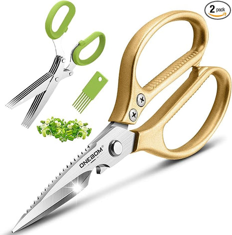 ONEBOM 2 Pack Kitchen Shears,Multi-Function Kitchen Scissors Heavy Duty Sharp 304 Stainless Steel, Gold Apartment Kitchen Accessories Cooking Shears for Chicken,Meat,Fish,Poultry (Gold)