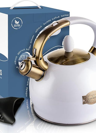 SUSTEAS Stove Top Whistling Tea Kettle - Food Grade Stainless Steel Teakettle Teapot with Cool Touch Ergonomic Handle, With 1 Silicone Pinch Mitt Included, 2.64 Quart(WHITE)
