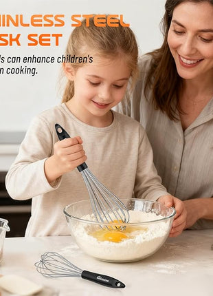 NileHome Silicone Whisk Set 8" 10" 12", 3 Pack Kitchen Whisk Kitchen Wisk Wire Whisks for Cooking, Whisking, Blending, Beating, Stirring-Black Silver