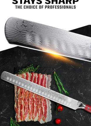 Dalstrong Slicing Carving Knife - 12 inch Granton Edge - Shogun Series - Damascus - Japanese AUS-10V Super Steel Kitchen Knife - Vacuum Treated - Crimson Red ABS Handle - Razor Sharp Knife - w/Sheath