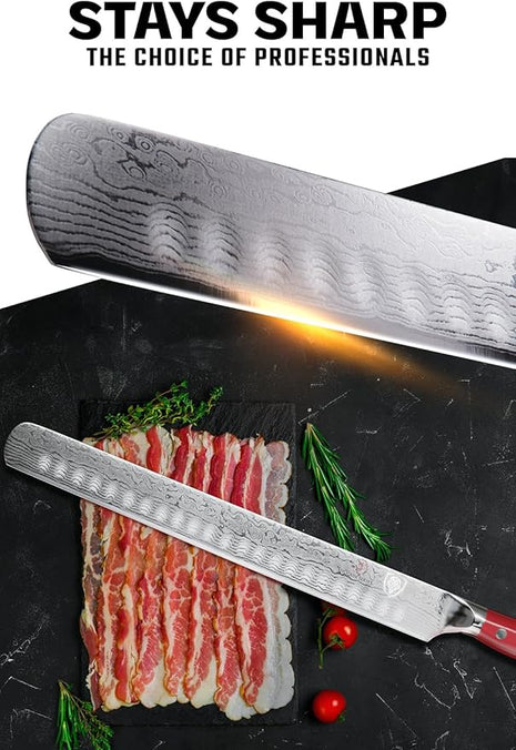 Dalstrong Slicing Carving Knife - 12 inch Granton Edge - Shogun Series - Damascus - Japanese AUS-10V Super Steel Kitchen Knife - Vacuum Treated - Crimson Red ABS Handle - Razor Sharp Knife - w/Sheath
