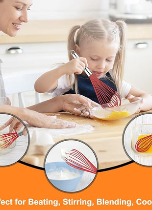 HOTEC 4 Pieces Silicone Whisks Set, Wire Balloon Whisks Egg Beater, Non-slip Handle Whisk for Non-stick Cookware Perfect for Cooking, Stirring, Beating and Blending (Red)
