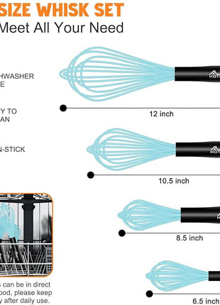 HOTEC 4 Pieces Silicone Whisks Set, Wire Balloon Whisks Egg Beater, Non-slip Handle Whisk for Non-stick Cookware Perfect for Cooking, Stirring, Beating and Blending (Blue)