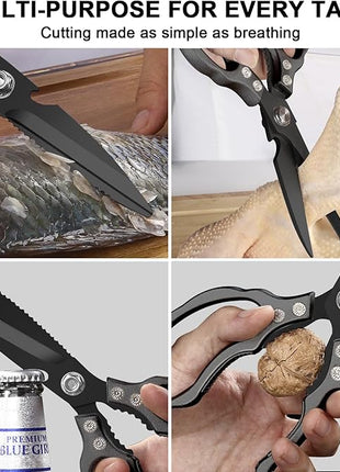 CGBE Kitchen Scissors, Multi-Purpose Kitchen Shears, Heavy Duty Dishwasher Safe Food Scissors for Chicken, Poultry, Fish, Meat & Herbs with Non-Slip Grips - ALL Black