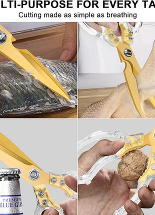 CGBE Kitchen Scissors, Multi-Purpose Kitchen Shears, Heavy Duty Dishwasher Safe Food Scissors for Chicken, Poultry, Fish, Meat & Herbs with Non-Slip Grips - Transparent Gold