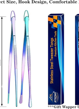 JETKONG 2 Pcs 12-Inch Culinary Tweezers Food Tweezers Kitchen Tweezer Tongs for Cooking (Rainbow)