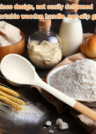 Large Silicone Cooking Spoons, Nonstick Solid Wooden Handle Kitchen Spoons, Heat Resistant Silicone Rubber Spoonula for Cooking, Serving, Basting, Mixing Tool, 13.2inch, Flexible Scraper (White)