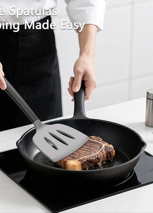 Coukre 3 Pack Silicone Spatula Set, High Heat Resistant, BPA-Free, Fish Spatula, Solid & Slotted Turner for Non-Stick Pans, Flipping Eggs, Pancakes, Fish, Burgers (3, GrayBlack)