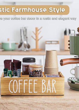 ALELION ALEION Brown Coffee Station Organizer - Wood Coffee Bar Accessories Organizer with Removable Dividers for Pods Condiment Syrup Tea Cups Stirrers - for Farmhouse Coutertop Decor