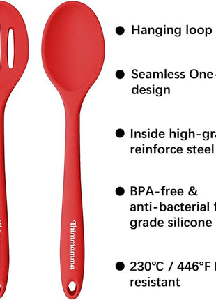 Silicone Spoons for Cooking, Heat Resistant Slotted Solid Silicone Kitchen Spoons Set, Red BPA Free Mixing Spoons Basting Spoon Stirring Spoon for Nonstick Cookware, 4 Pack