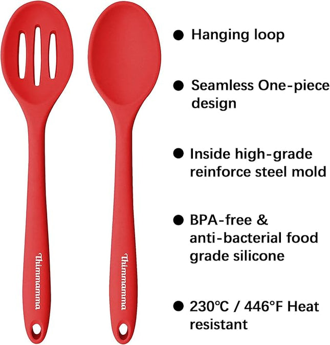 Silicone Spoons for Cooking, Heat Resistant Slotted Solid Silicone Kitchen Spoons Set, Red BPA Free Mixing Spoons Basting Spoon Stirring Spoon for Nonstick Cookware, 4 Pack