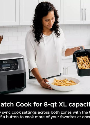 Ninja DZ201 Foodi 6-in-1 2-Basket Air Fryer with DualZone Technology, 8-Quart Capacity, and a Dark Grey Stainless Finish (Dark Grey Stainless) (Renewed)