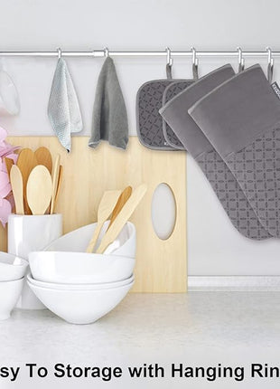 KEGOUU Oven Mitts and Pot Holders 6pcs Set, Kitchen Oven Glove High Heat Resistant 500 Degree Extra Long Oven Mitts and Potholder with Non-Slip Silicone Surface for Cooking (Grey)