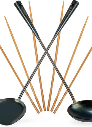 YOSUKATA Pre-Seasoned Wok Utensils Set - Blue Carbon Steel 17-inch Wok Spatula, Wok Ladle, 3 pairs Chopsticks - Durable Asian Cooking Tools