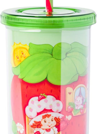 Silver Buffalo Strawberry Shortcake Strawberry House Plastic Tall Cold Cup with Lid and Straw, 20 Ounces