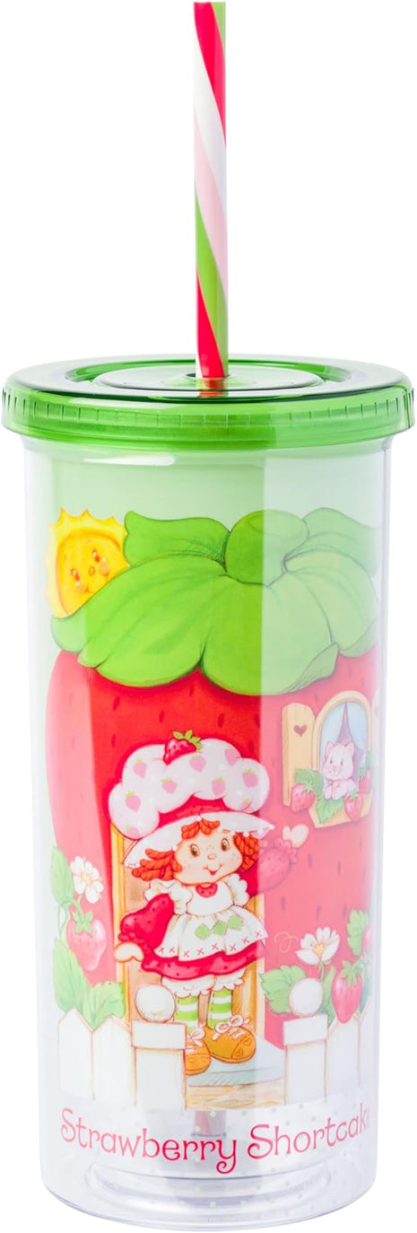 Silver Buffalo Strawberry Shortcake Strawberry House Plastic Tall Cold Cup with Lid and Straw, 20 Ounces