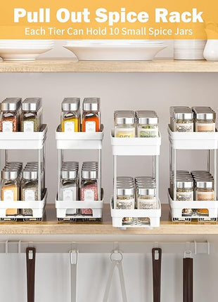 Pull Out Spice Rack Organizer for Cabinet, 2 Pack Slide Out Spice Racks Organizer, Spice Cabinet Organizers, Cabinet Size Need:12'' Highx11'' Deepx5'' Wide,Hold 10 Spice Jar Each Tier-2Tier, White