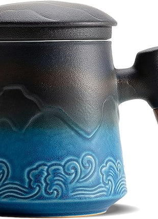 ZENS Tea Cup with Infuser and Lid for Loose Leaf Steeping, 16.9oz Embossed Ceramic Tea Infuser Mug, Wood Handle Tea Diffuser, Great Gift