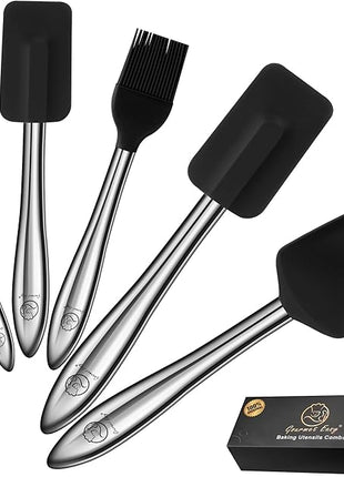 5pcs Silicone Spatula Cooking Utensils Set with Stainless Steel Handles, Premium Heat-Resistant Kitchen Utensils for Baking, Spoonula & Silicone Brush Included, Safe for Nonstick Cookware (Black)