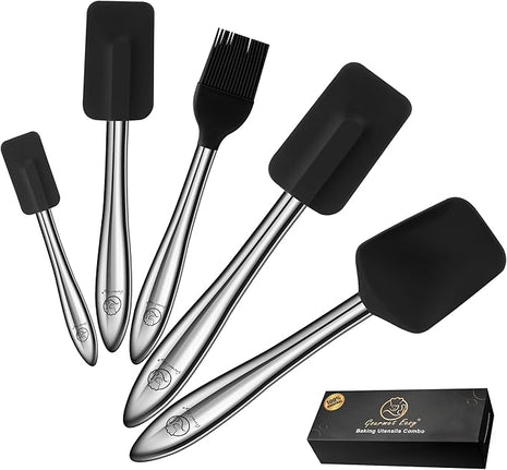 5pcs Silicone Spatula Cooking Utensils Set with Stainless Steel Handles, Premium Heat-Resistant Kitchen Utensils for Baking, Spoonula & Silicone Brush Included, Safe for Nonstick Cookware (Black)