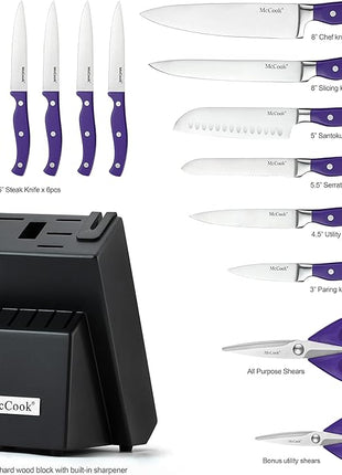 McCook MC27 14 Pieces Stainless Steel kitchen knife set with Wooden Block, Kitchen Scissors and Built-in Sharpener, Purple