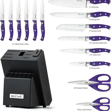 McCook MC27 14 Pieces Stainless Steel kitchen knife set with Wooden Block, Kitchen Scissors and Built-in Sharpener, Purple