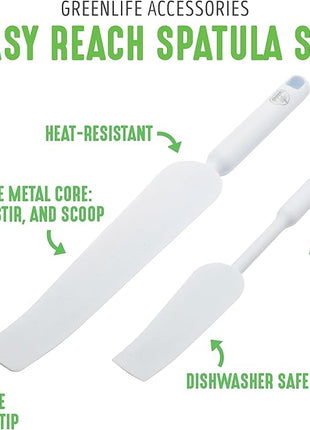 GreenLife Cooking Tools and Utensils, Easy Reach Silicone Spatula Set for Baking Mixing and Stirring, Heat and Stain Resistant, Dishwasher Safe, White