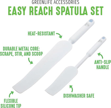 GreenLife Cooking Tools and Utensils, Easy Reach Silicone Spatula Set for Baking Mixing and Stirring, Heat and Stain Resistant, Dishwasher Safe, White