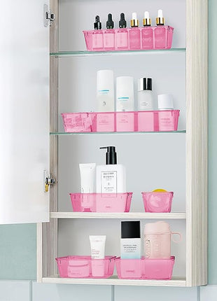 WOWBOX 25 PCS Plastic Drawer Organizer Set, 4 Sizes Desk Drawer Divider Organizers and Storage Bins for Makeup, Jewelry, Gadgets for Kitchen, Bedroom, Bathroom, Office, Clear Pink