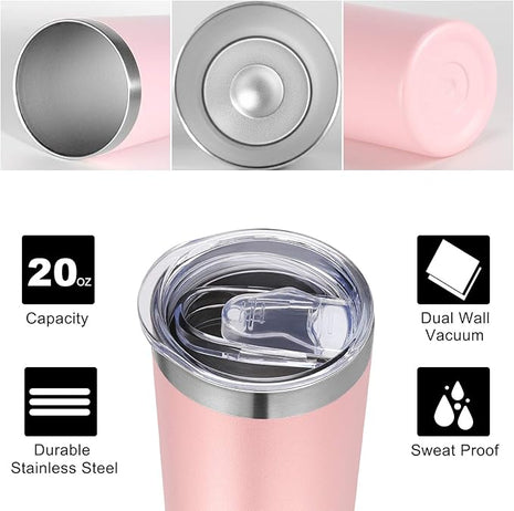 VEGOND Stainless Steel Tumblers Bulk 12 Pack, 20 oz Vacuum Insulated Skinny Tumblers with Lid and Straw, Double Wall Coffee Mug, Travel Water Cup, Light Pink