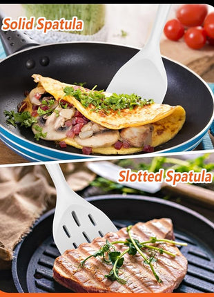 Pack of 2 Silicone Spatula, Non Stick Cooking Utensil Set Wooden Handle Kitchen Turner for Baking Mixing Grilling Serving Food Heat Resistant Non Scratch Hooks Included (White)