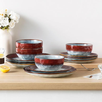 vancasso Starry Dinnerware Set for 4, Handmade Reactive Glaze Stoneware 12 Pieces Plates and Bowls Sets, Dishwasher and Microwave Safe Dish Set, Red