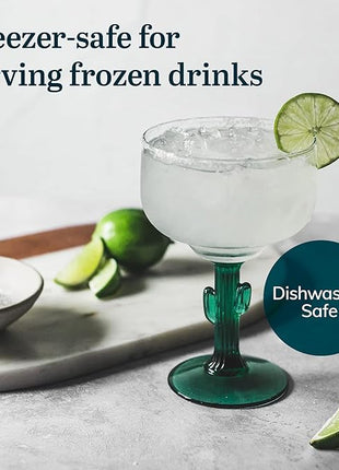 Libbey Cactus Margarita Glasses Set of 4, Durable Green Stemmed Cocktail Glasses, Lead-Free Cactus Glassware, Unique Plant Themed Frozen Margarita Glasses, 16-Ounce