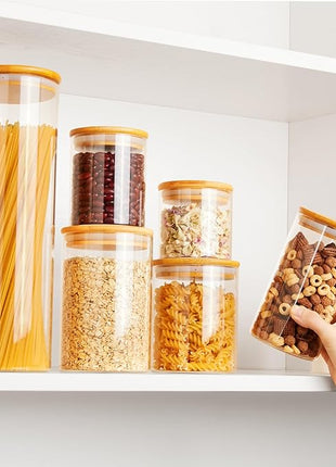 Vtopmart Glass Food Storage Jars, 7 Pack Kitchen Containers with Airtight Bamboo Wooden Lids for Pasta, Cookies, Nuts, Coffee Beans, Cereal, Canisters Set for Flour, Pantry Organization, BPA Free