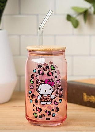 Silver Buffalo Sanrio Hello Kitty in Leopard Print Outfit and Leopard Cat Print Pattern Pink Glass Jar Tumbler with Bamboo Lid and Glass Straw, 16 Ounces