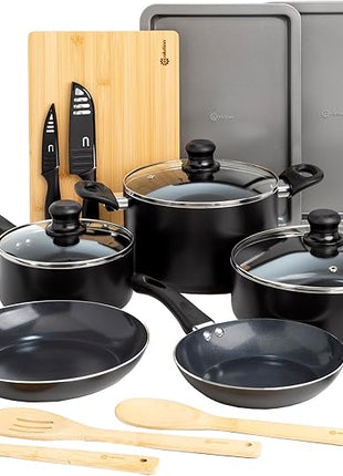 Ecolution Easy Clean Ceramic Nonstick Cookware Set, Dishwasher Safe Kitchen Pots and Pans Set, Comfort Grip Handle, Even Heating, Ultimate Food Release, 26-Piece, Black