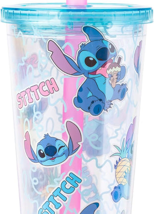 Silver Buffalo Disney Lilo and Stitch Snacking Pattern Plastic Boba Tumbler with Lid and Straw, 24 Ounces