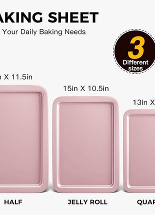HONGBAKE Baking Sheet Pan Set, Cookie Sheet for Oven, Nonstick Bakeware Sets with Wider Grips, 3 Pack Half/Jelly Roll/Quarter Baking Tray, Premium, Dishwasher Safe-Pink