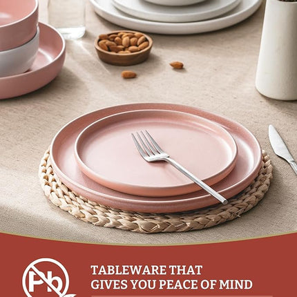 Famiware Milkyway Plates and Bowls Sets, 12 Pieces Dinnerware Sets, Reactive Glaze Dish Set, Stoneware Dishes Set for 4, Matte Beige White & Light Pink